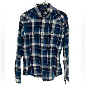 Express men’s plaid regular fit button-down. Same day shipping! Blue Size: Med